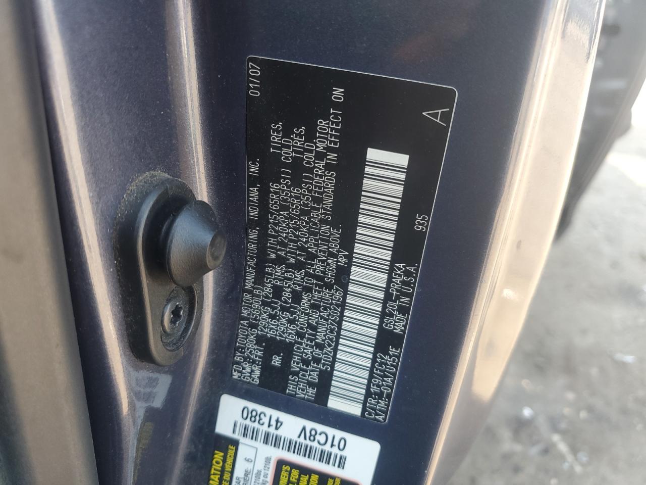 2007 Toyota Sienna Ce VIN: 5TDZK23C37S021967 Lot: 62012745