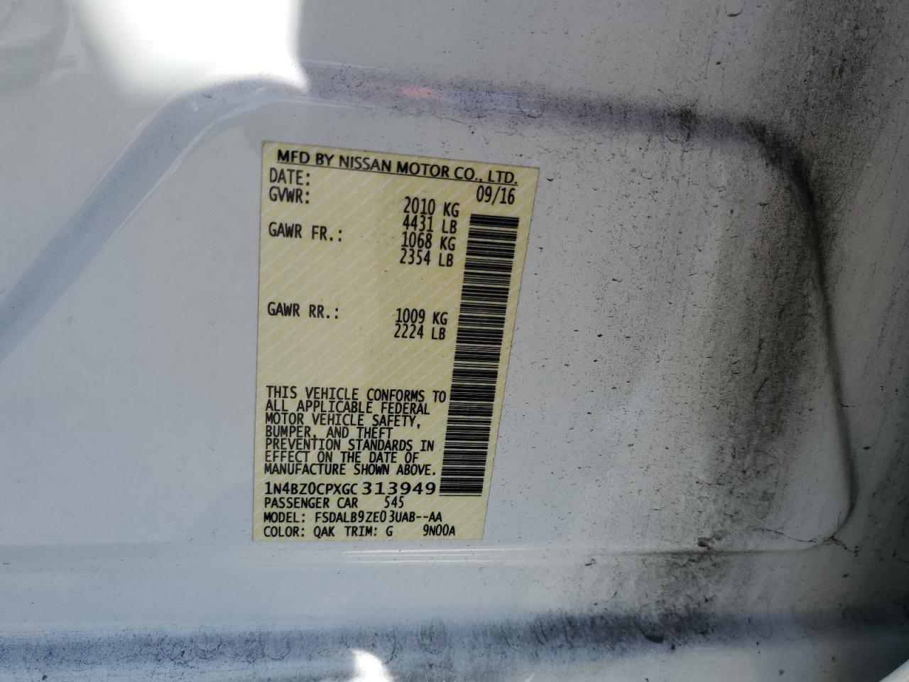 2016 Nissan Leaf Sv VIN: 1N4BZ0CPXGC313949 Lot: 63128115