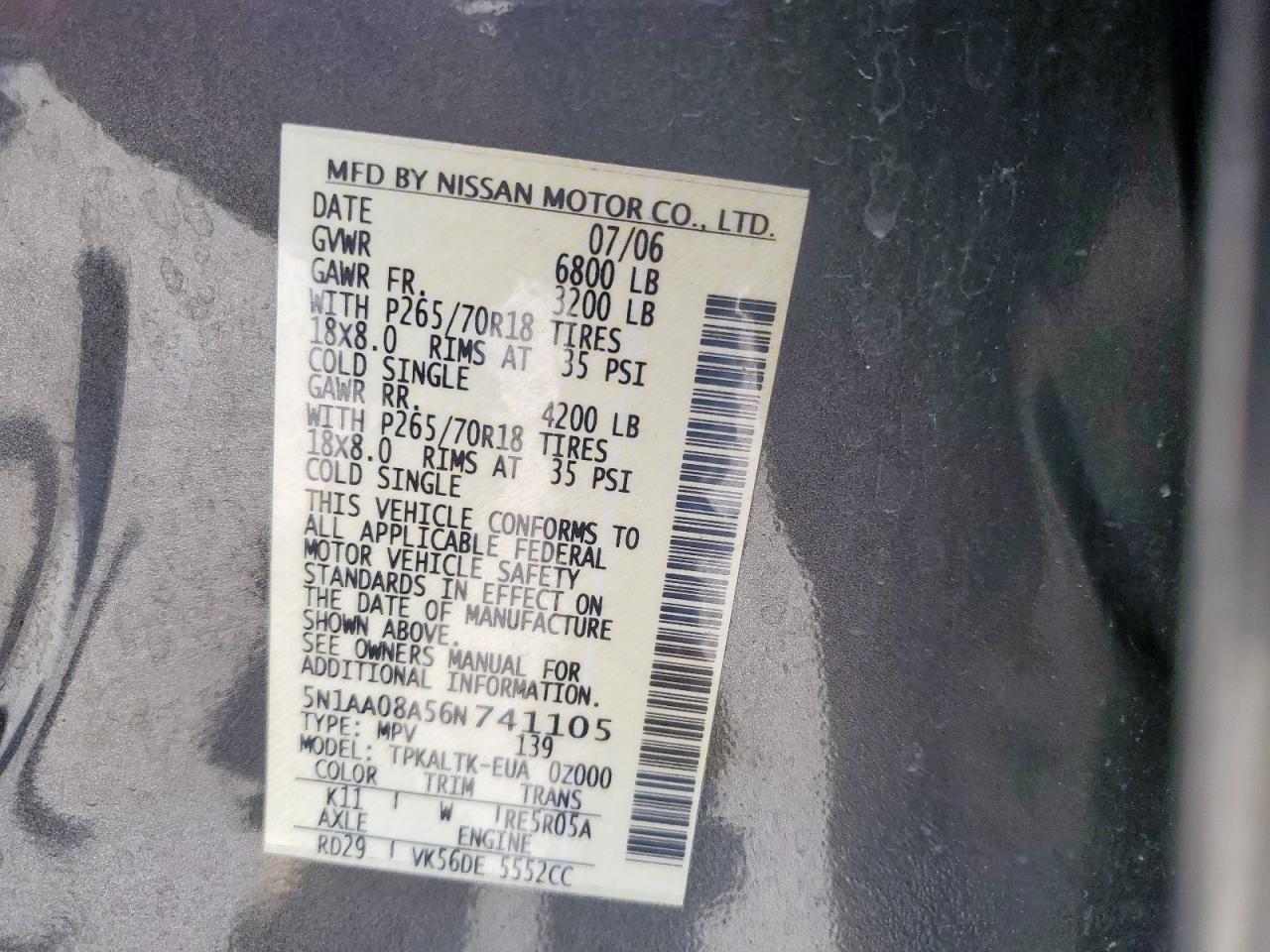 2006 Nissan Armada Se VIN: 5N1AA08A56N741105 Lot: 59710945