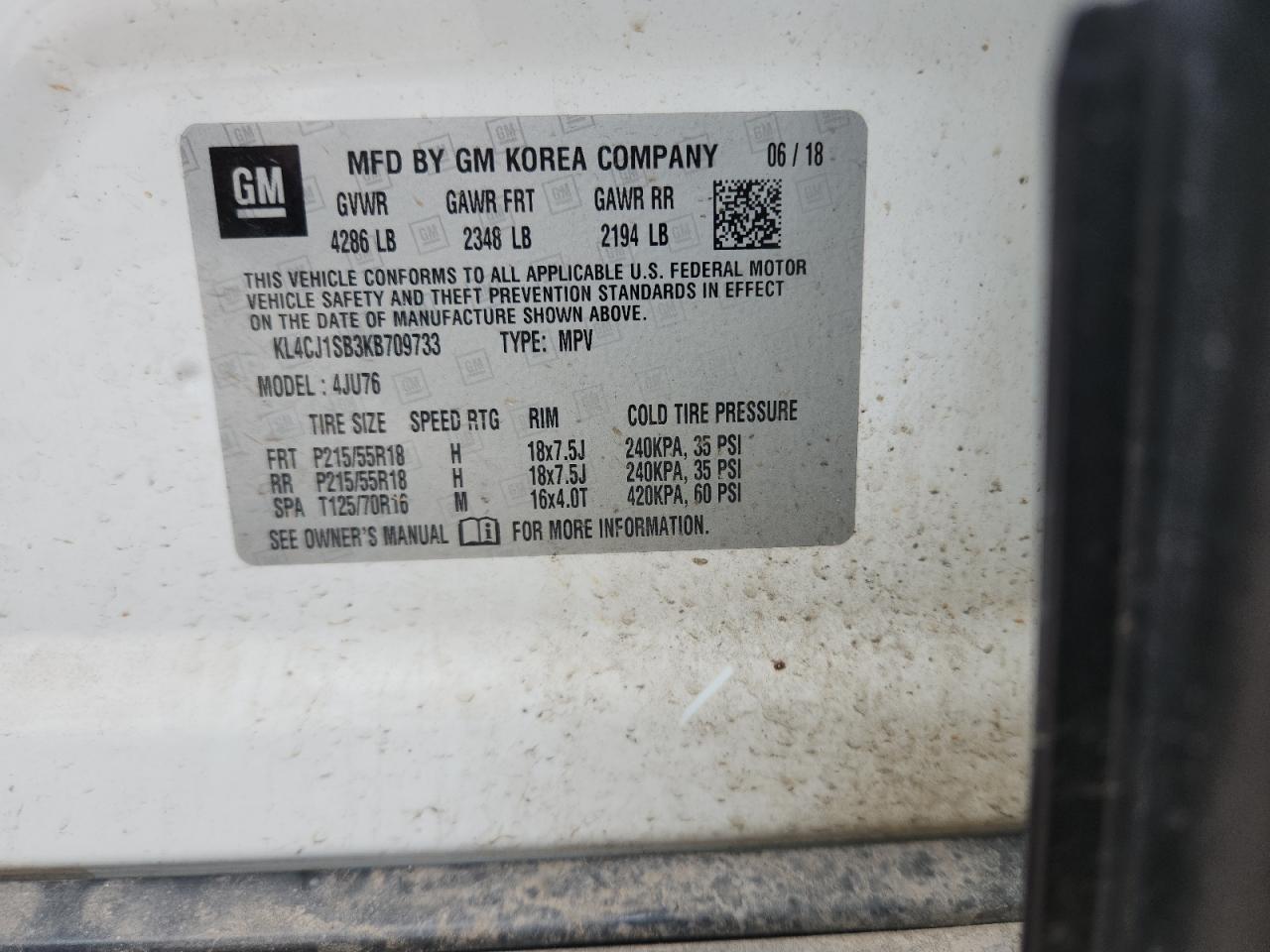 2019 Buick Encore Sport Touring VIN: KL4CJ1SB3KB709733 Lot: 62910775