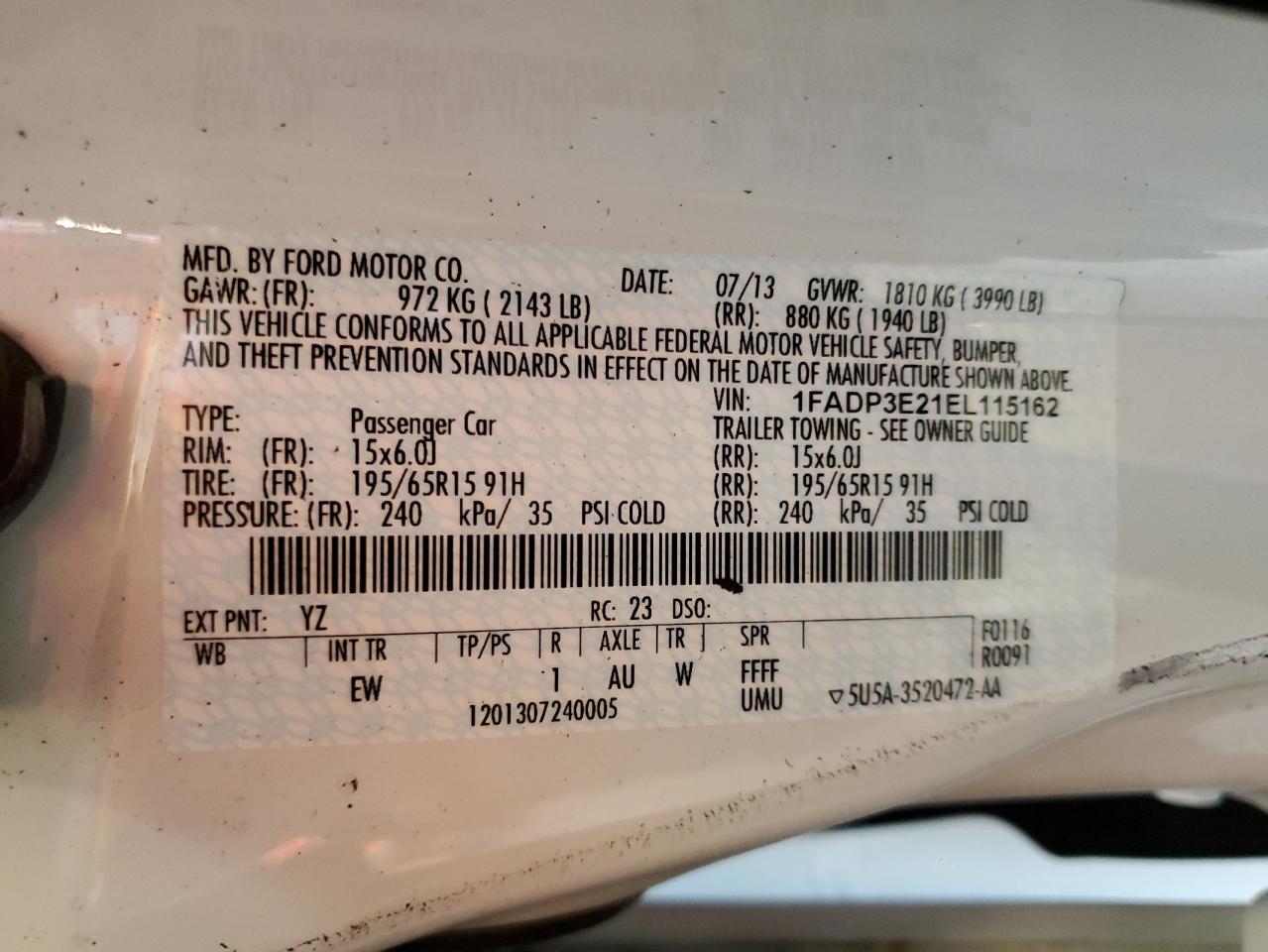 2014 Ford Focus S VIN: 1FADP3E21EL115162 Lot: 63087775