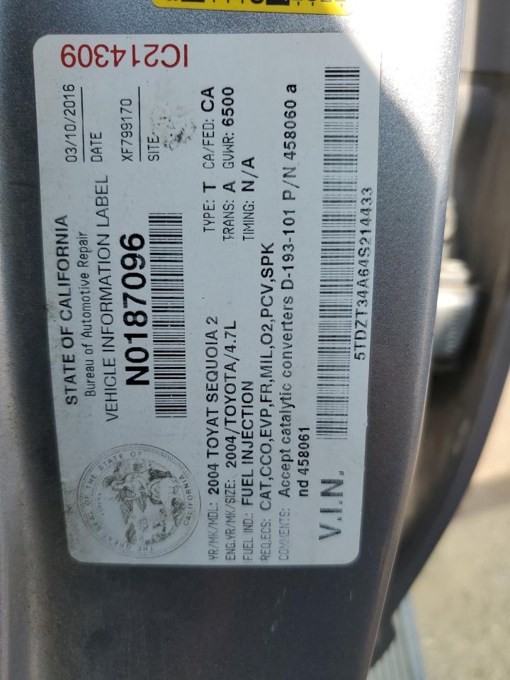 2004 Toyota Sequoia Sr5 VIN: 5TDZT34A64S214433 Lot: 63117105