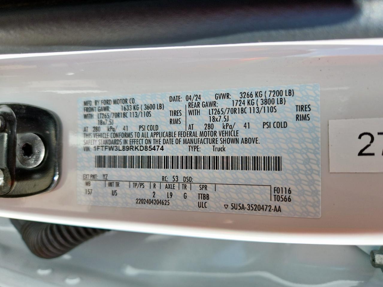 2024 Ford F150 Xlt VIN: 1FTFW3L89RKD85474 Lot: 62730675