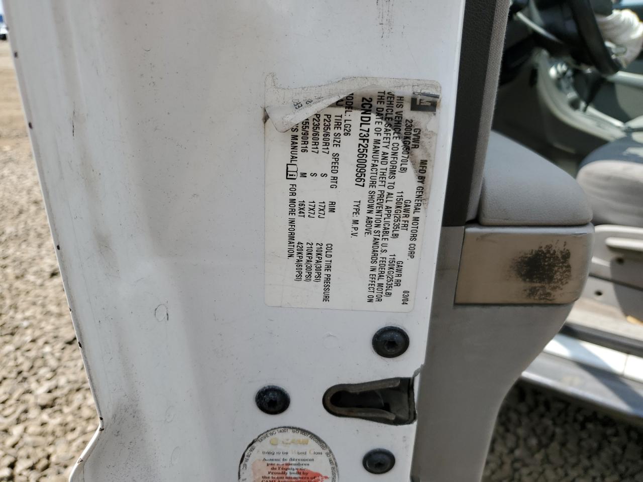 2005 Chevrolet Equinox Lt VIN: 2CNDL73F256009567 Lot: 60116405