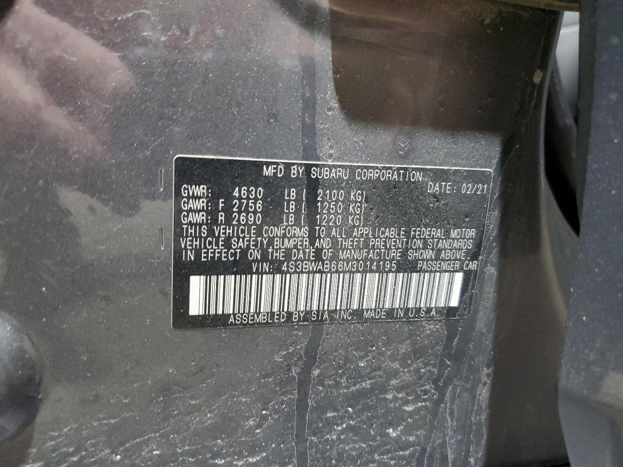 2021 Subaru Legacy VIN: 4S3BWAB66M3014195 Lot: 58786255