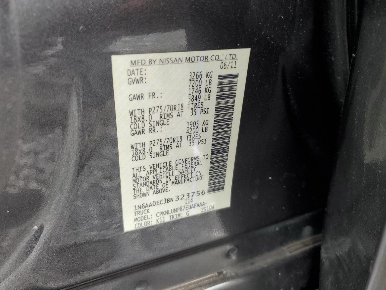 2011 Nissan Titan S VIN: 1N6AA0EC3BN323756 Lot: 58516115