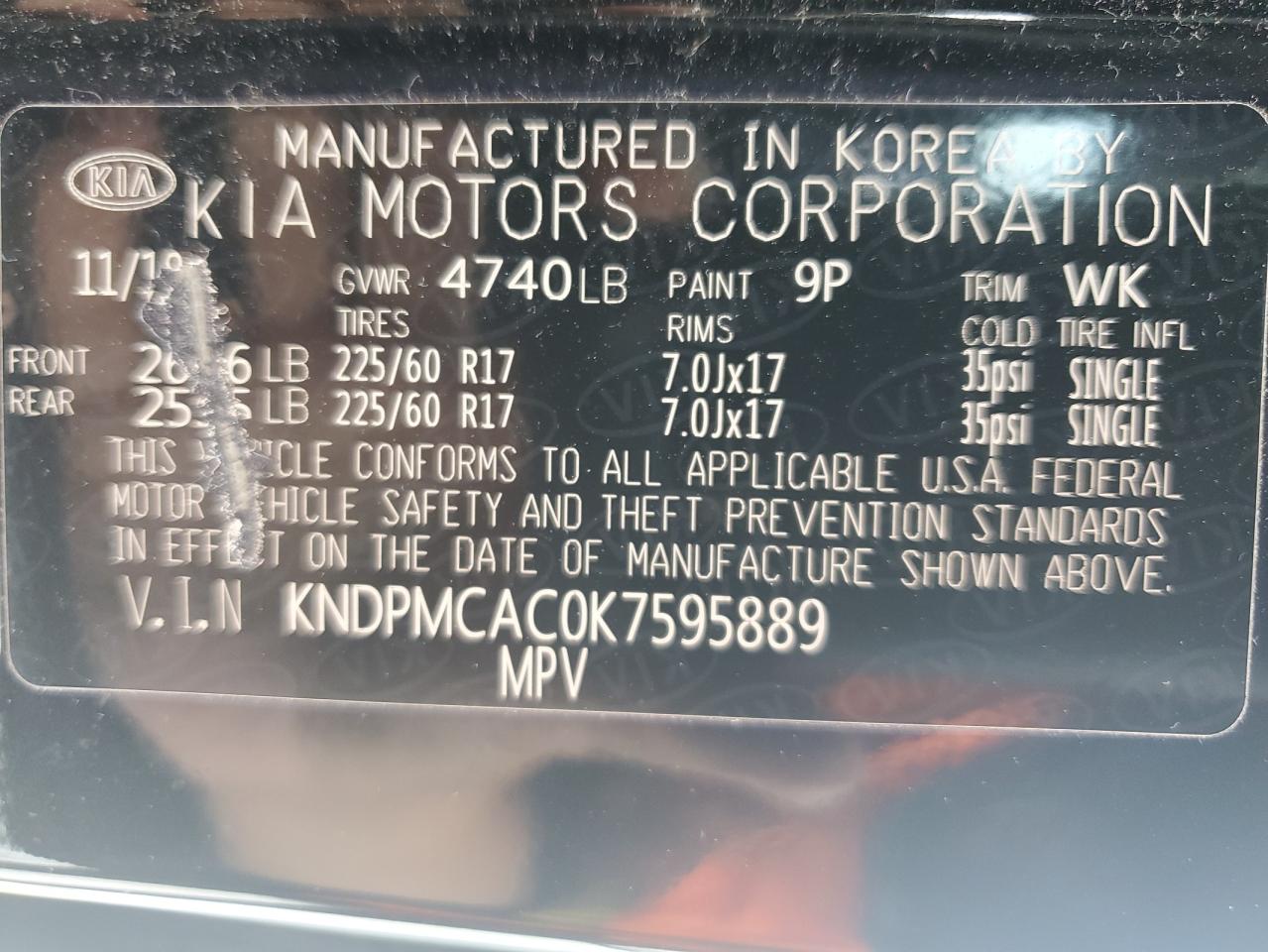 2019 Kia Sportage Lx VIN: KNDPMCAC0K7595889 Lot: 62744455