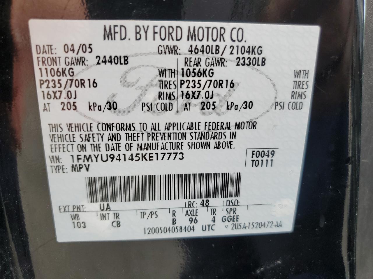 2005 Ford Escape Limited VIN: 1FMYU94145KE17773 Lot: 60451635
