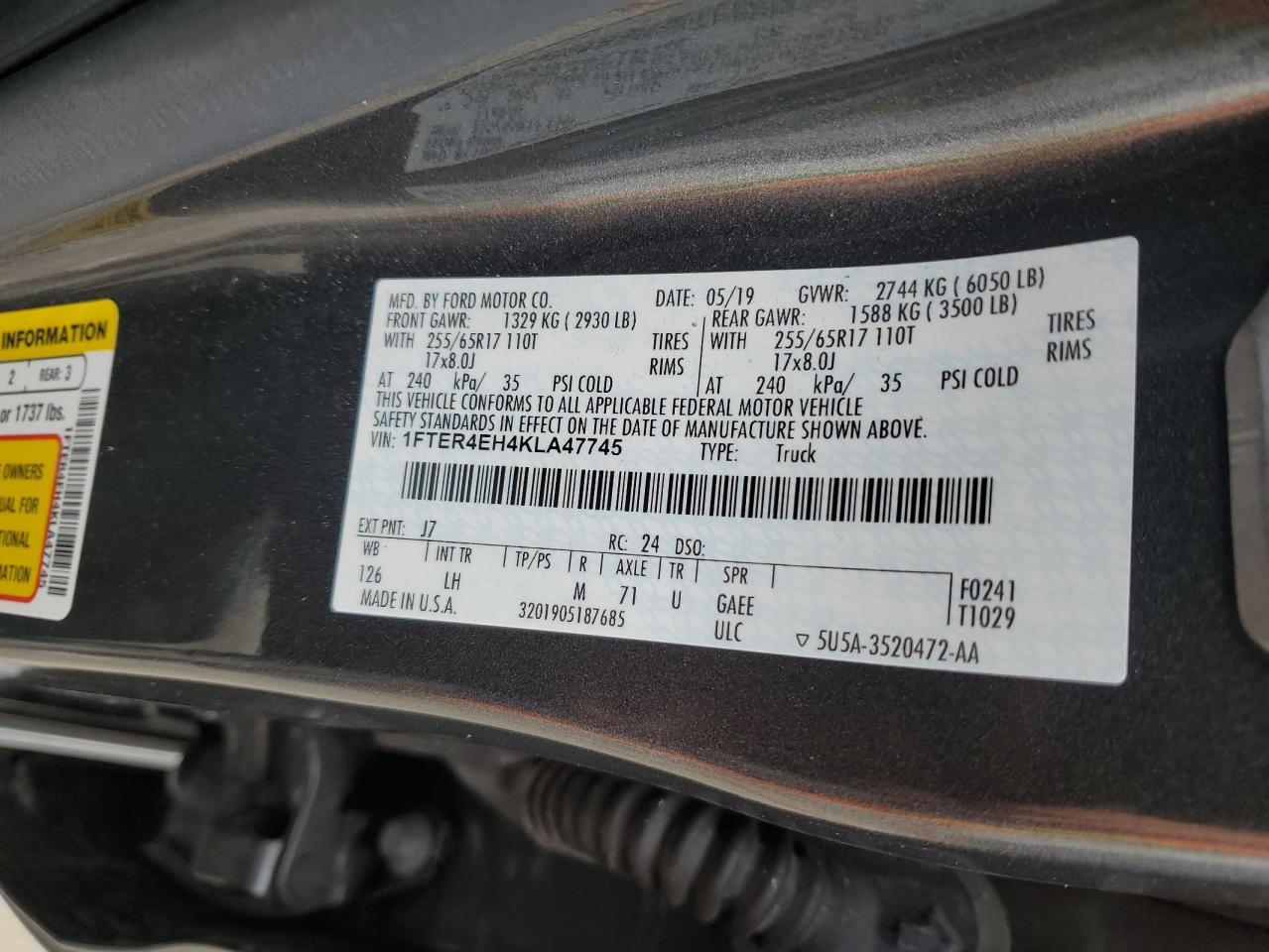 2019 Ford Ranger Xl VIN: 1FTER4EH4KLA47745 Lot: 62397955