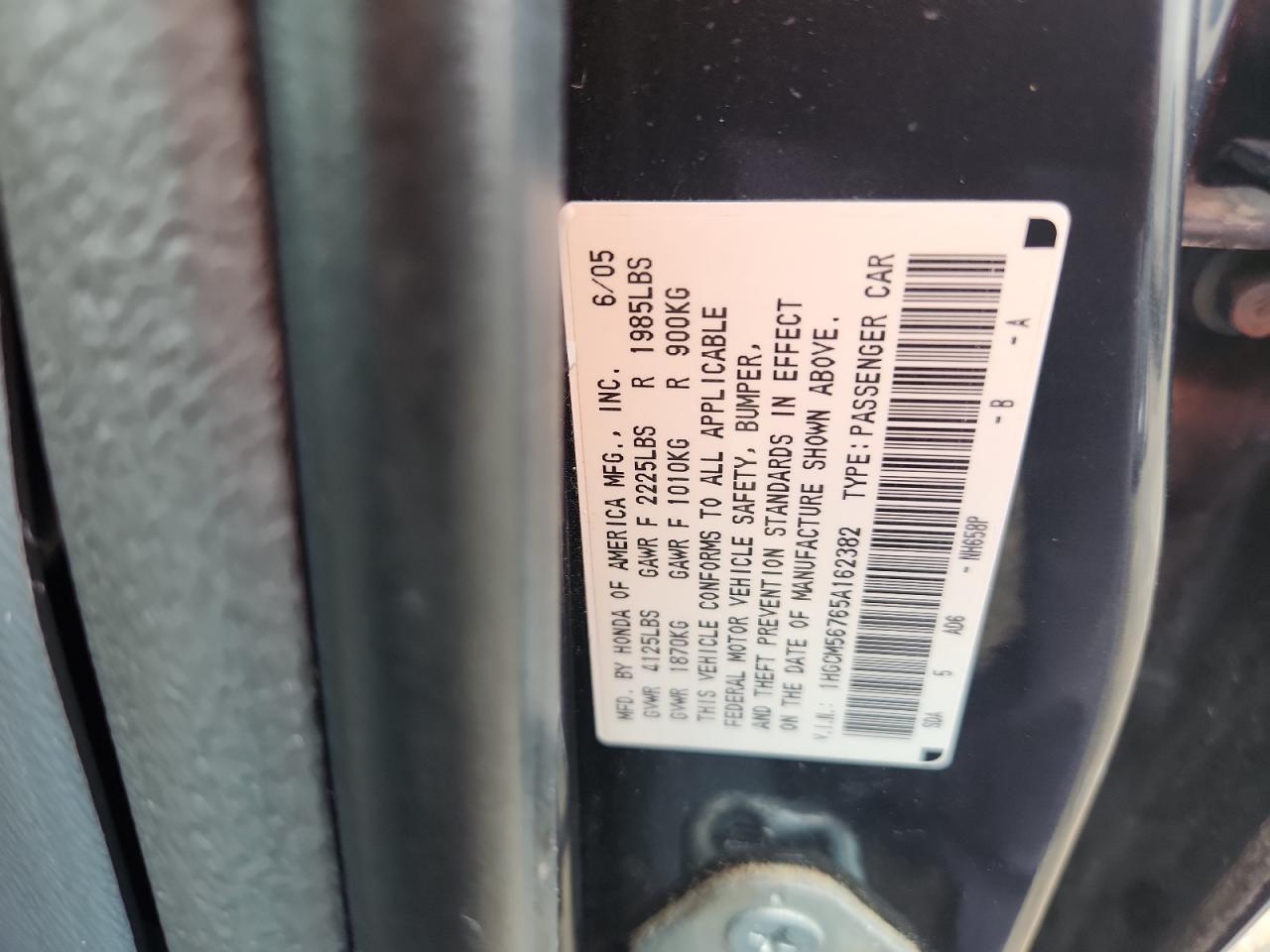 2005 Honda Accord Ex VIN: 1HGCM56765A162382 Lot: 62327265