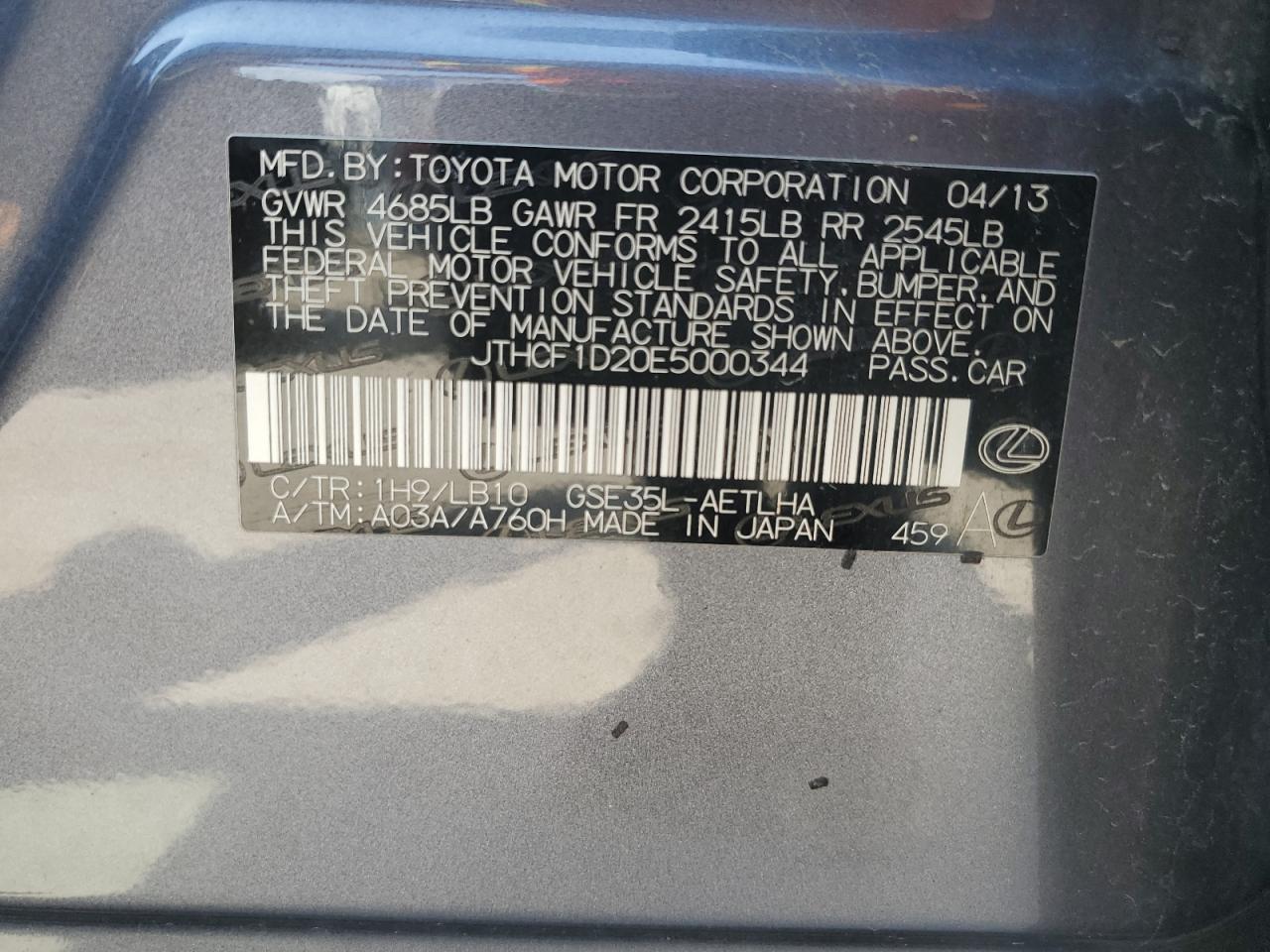2014 Lexus Is 250 VIN: JTHCF1D20E5000344 Lot: 62012415