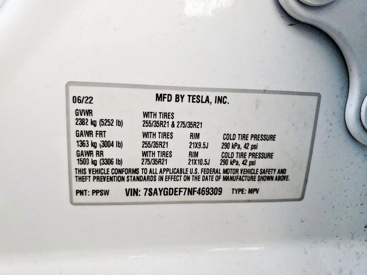 2022 Tesla Model Y VIN: 7SAYGDEF7NF469309 Lot: 62742335
