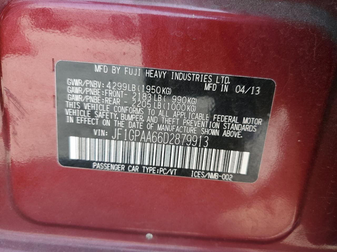 2013 Subaru Impreza VIN: JF1GPAA66D2879913 Lot: 62792305