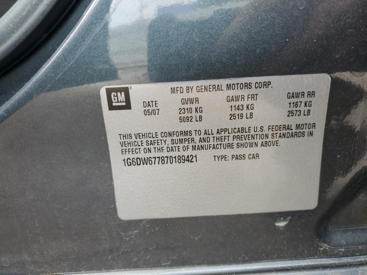 2007 Cadillac Sts VIN: 1G6DW677870189421 Lot: 60961705