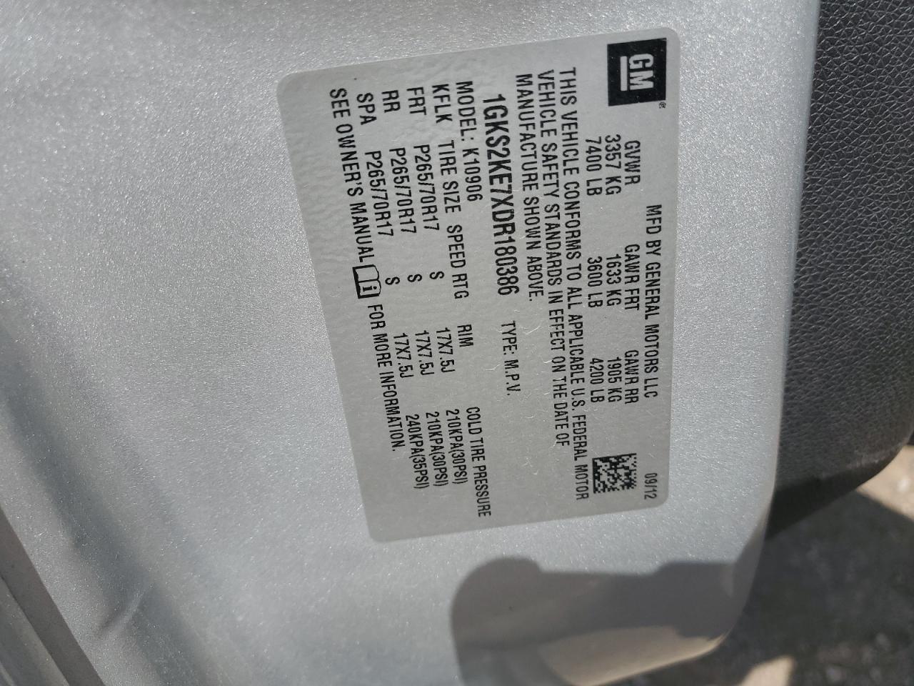 2013 GMC Yukon Xl K1500 Slt VIN: 1GKS2KE7XDR180386 Lot: 61757535