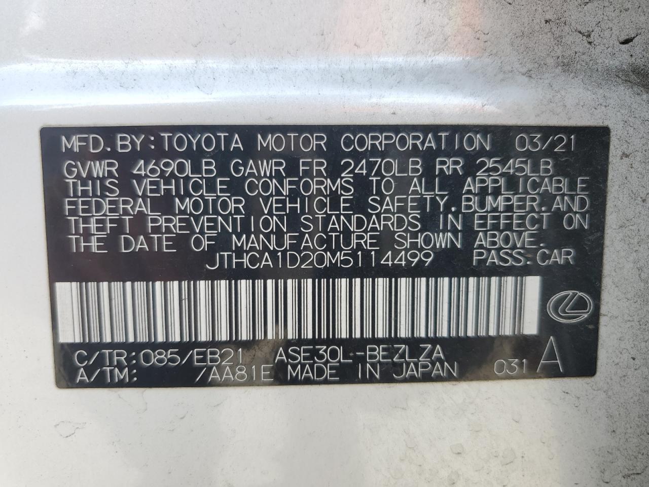 2021 Lexus Is 300 VIN: JTHCA1D20M5114499 Lot: 62119075