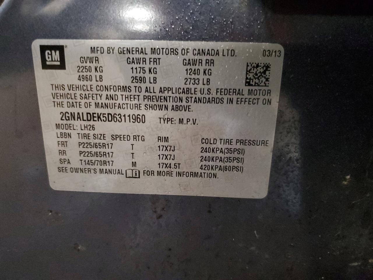 2013 Chevrolet Equinox Lt VIN: 2GNALDEK5D6311960 Lot: 59892755