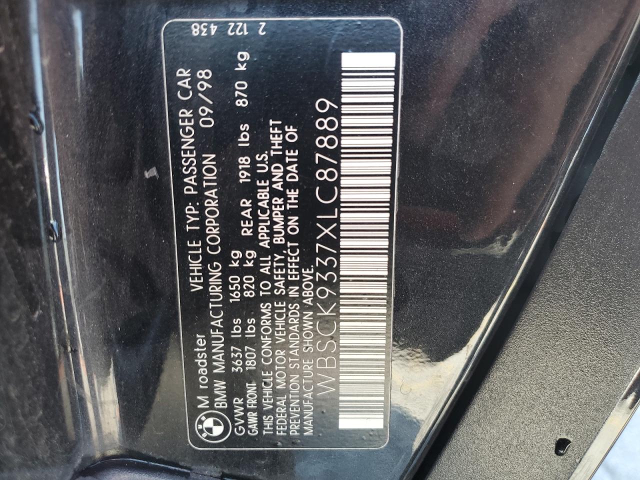 1999 BMW M Roadster VIN: WBSCK9337XLC87889 Lot: 61269645