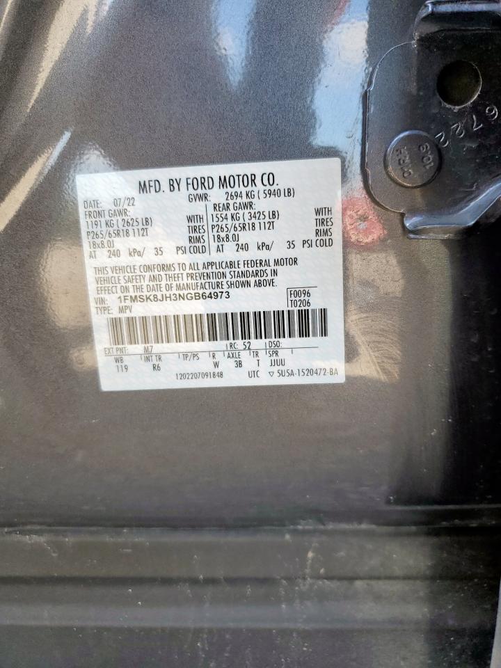 2022 Ford Explorer Timberline VIN: 1FMSK8JH3NGB64973 Lot: 61633545