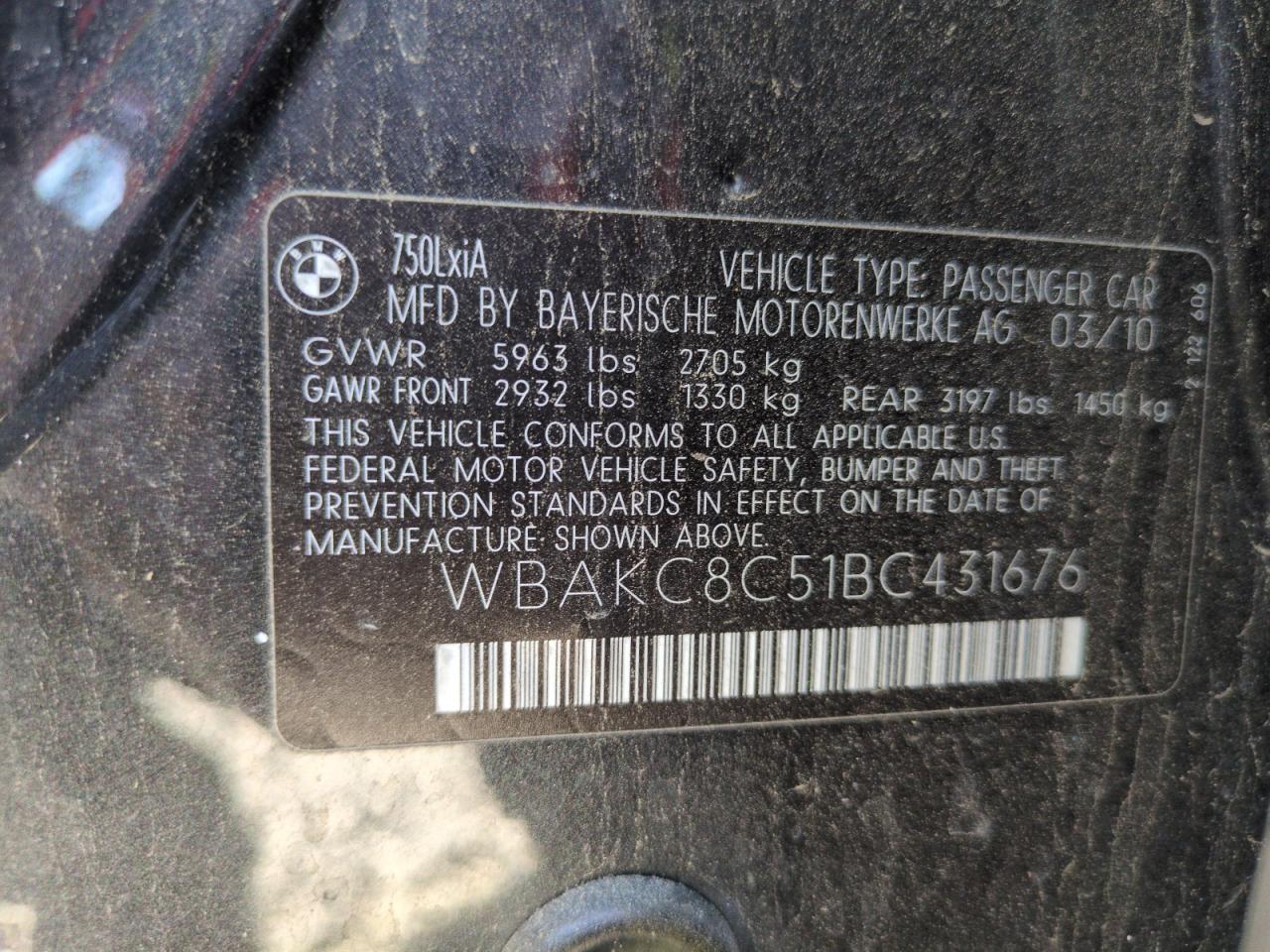2011 BMW 750 Lxi VIN: WBAKC8C51BC431676 Lot: 61624795
