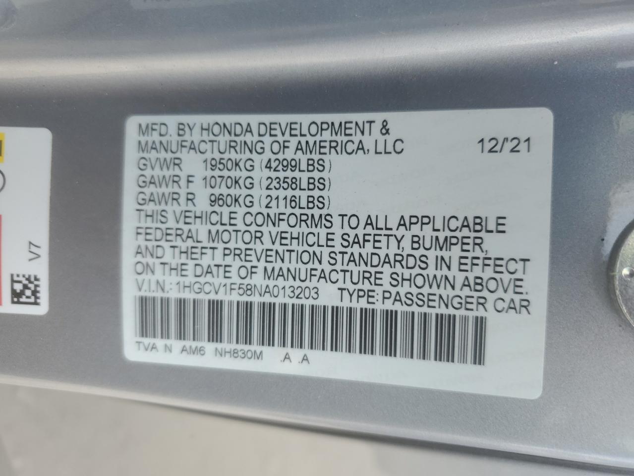 2022 Honda Accord Exl VIN: 1HGCV1F58NA013203 Lot: 62833745