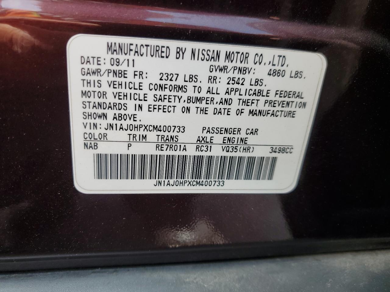 2012 Infiniti Ex35 Base VIN: JN1AJ0HPXCM400733 Lot: 59629905