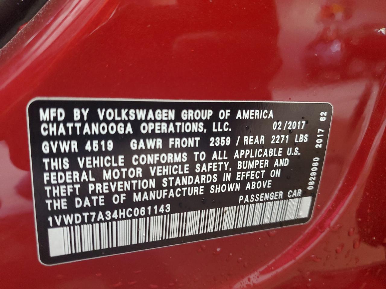 2017 Volkswagen Passat R-Line VIN: 1VWDT7A34HC061143 Lot: 61740555