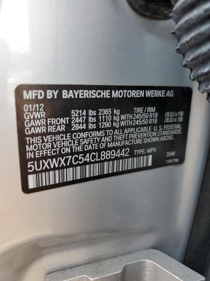2012 BMW X3 xDrive35I VIN: 5UXWX7C54CL889442 Lot: 62878715