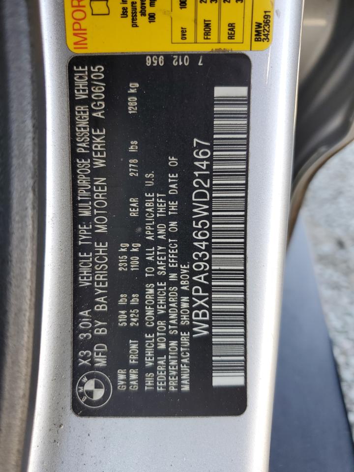 2005 BMW X3 3.0I VIN: WBXPA93465WD21467 Lot: 61440125