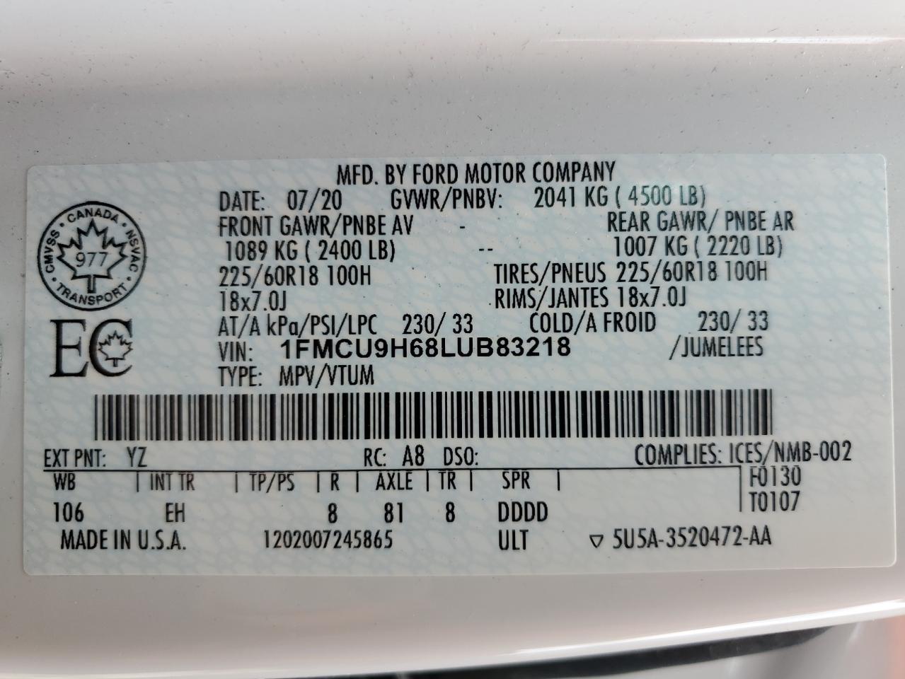2020 Ford Escape Sel VIN: 1FMCU9H68LUB83218 Lot: 59415395