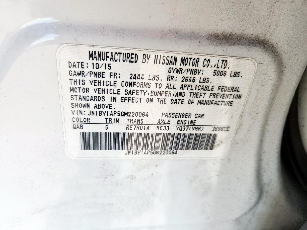 2016 Infiniti Q70 3.7 VIN: JN1BY1AP5GM220064 Lot: 61359045