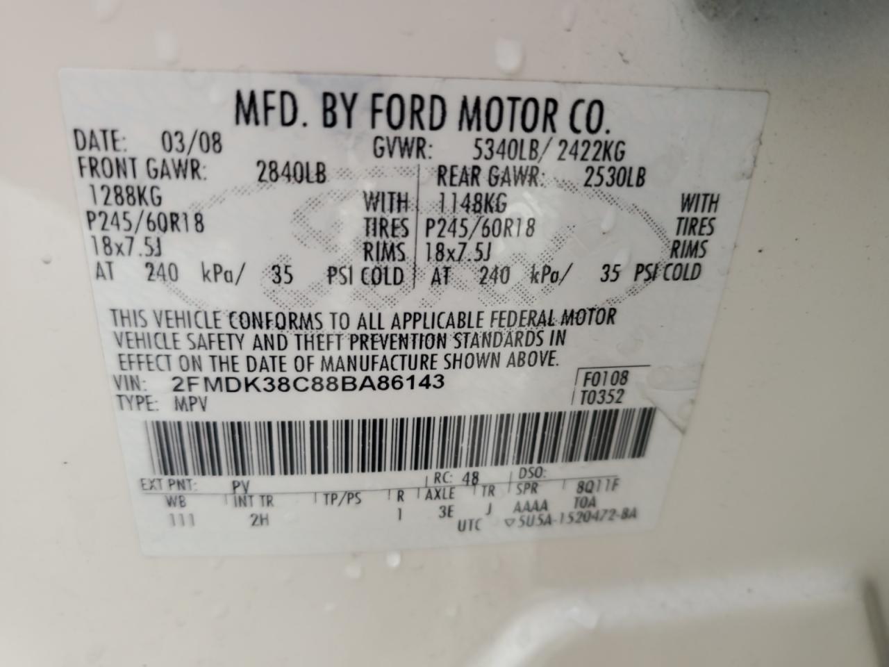 2008 Ford Edge Sel VIN: 2FMDK38C88BA86143 Lot: 61251975