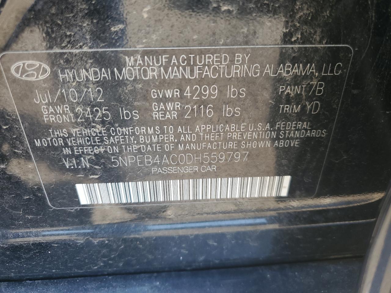 HYUNDAI SONATA 2013 VIN 5NPEB4AC0DH559797 фото 12