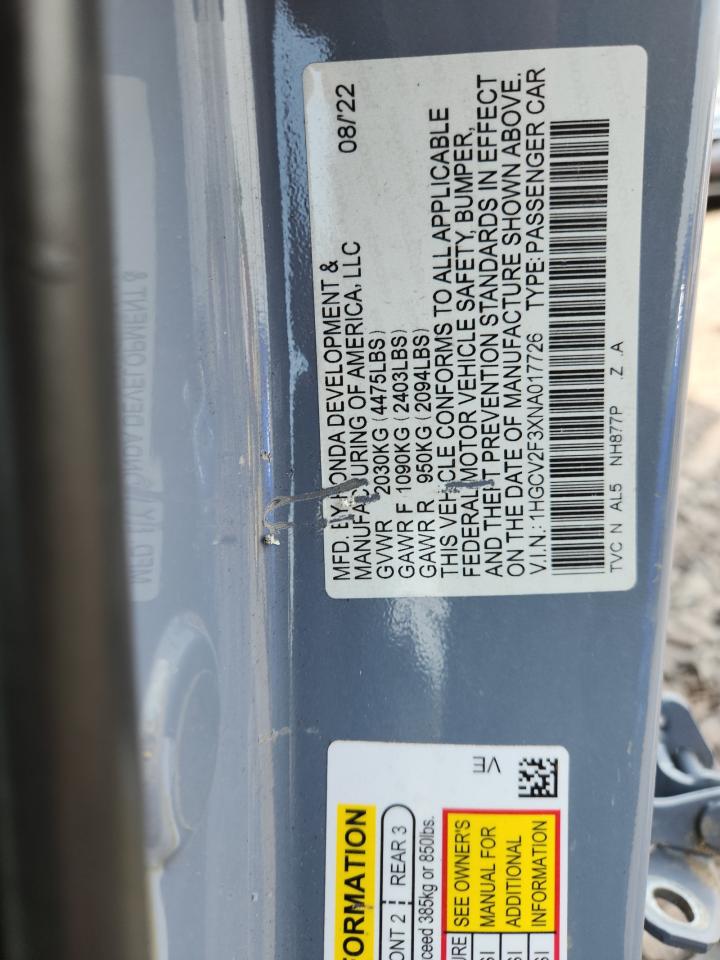 2022 Honda Accord Sport VIN: 1HGCV2F3XNA017726 Lot: 61601905