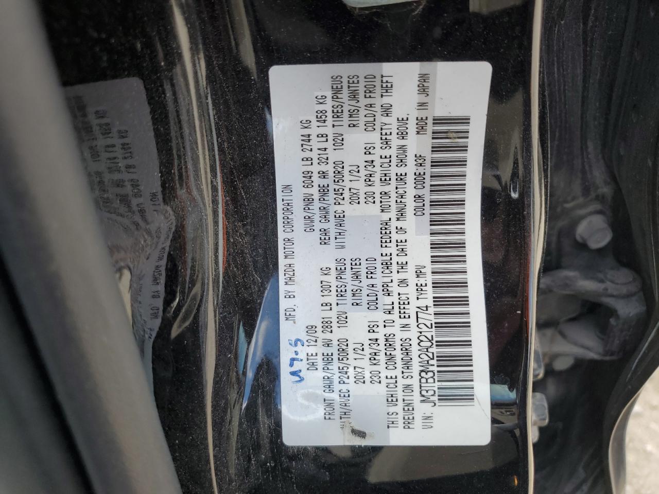 2010 Mazda Cx-9 VIN: JM3TB3MA2A0212774 Lot: 62582725