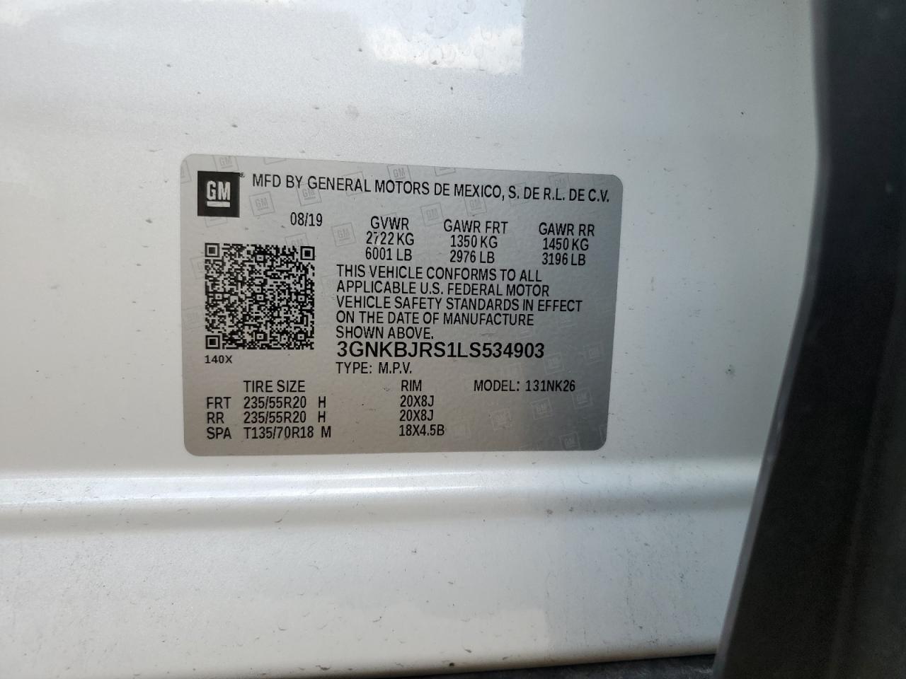 2020 Chevrolet Blazer 3Lt VIN: 3GNKBJRS1LS534903 Lot: 62650035