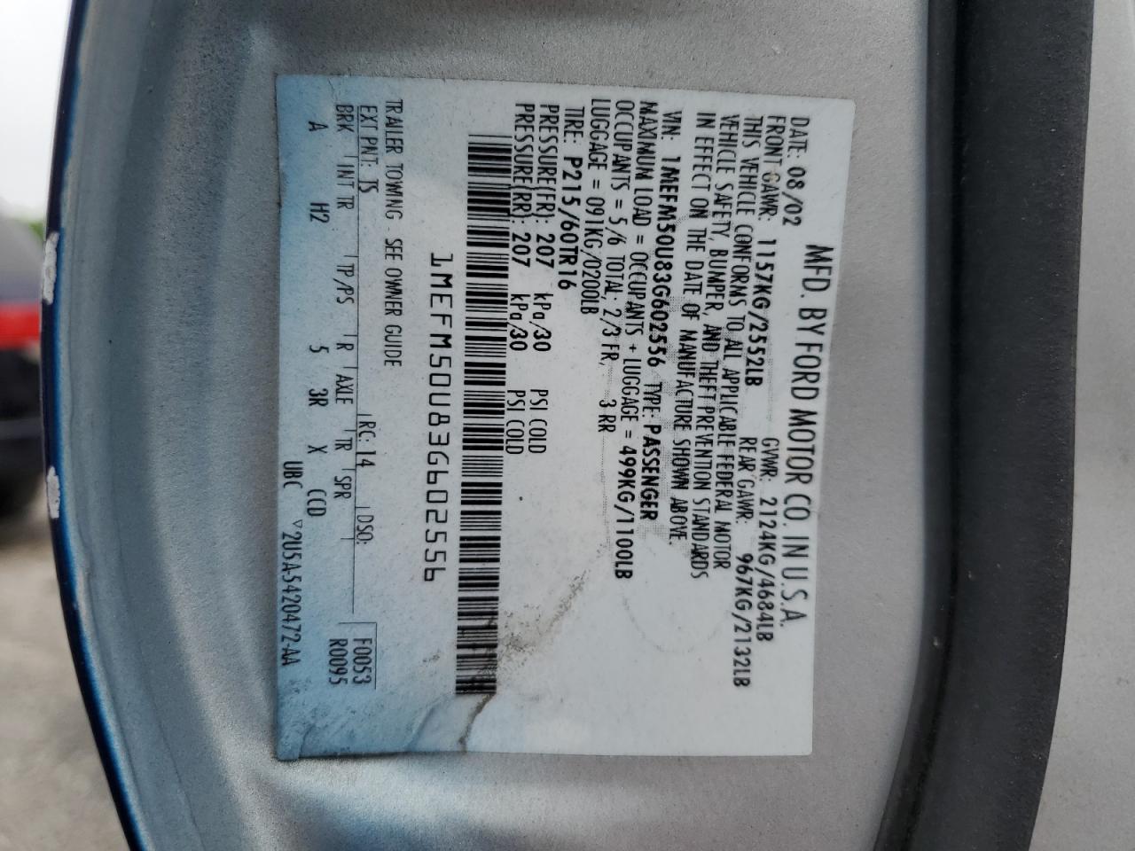 2003 Mercury Sable Gs VIN: 1MEFM50U83G602556 Lot: 61019515
