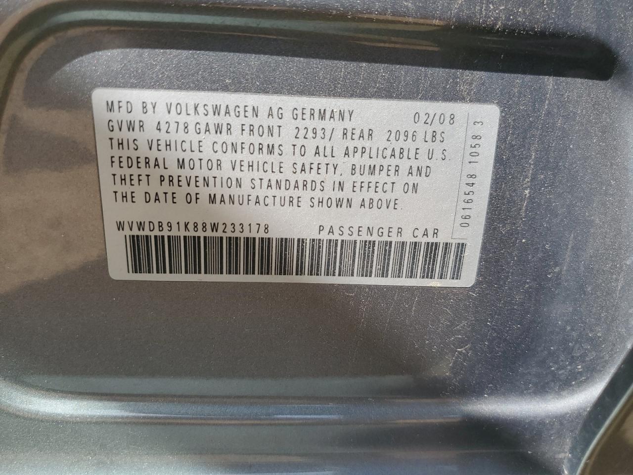 2008 Volkswagen Rabbit VIN: WVWDB91K88W233178 Lot: 61273375