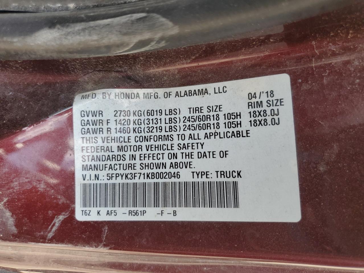 2019 Honda Ridgeline Rtl VIN: 5FPYK3F71KB002046 Lot: 61934455