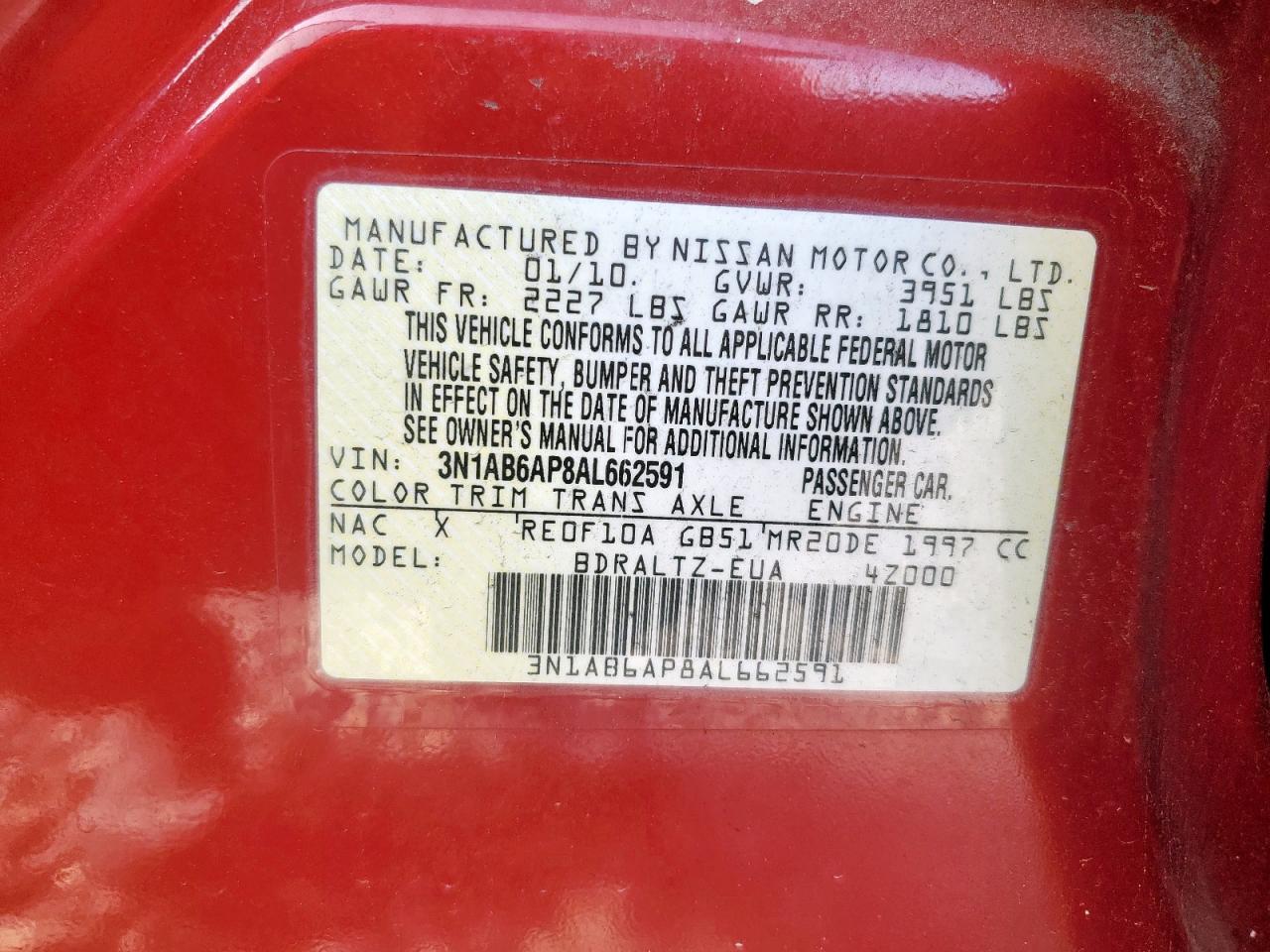 2010 Nissan Sentra 2.0 VIN: 3N1AB6AP8AL662591 Lot: 62781225