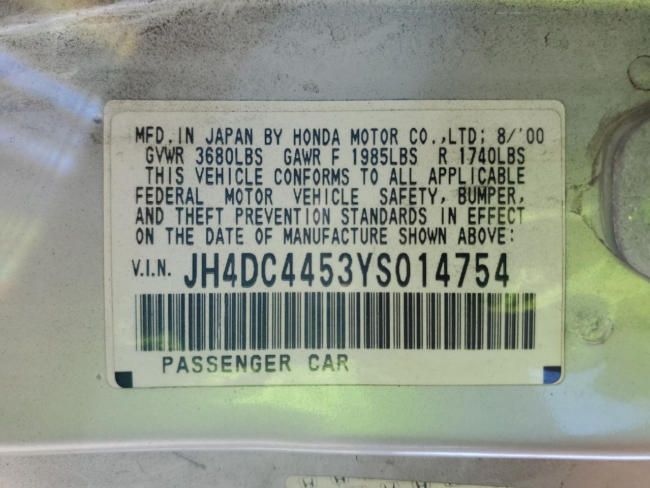 2000 Acura Integra Ls VIN: JH4DC4453YS014754 Lot: 61295265
