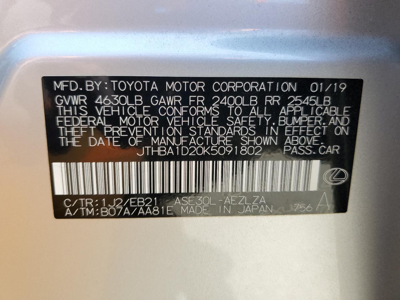 2019 Lexus Is 300 VIN: JTHBA1D20K5091802 Lot: 62429035