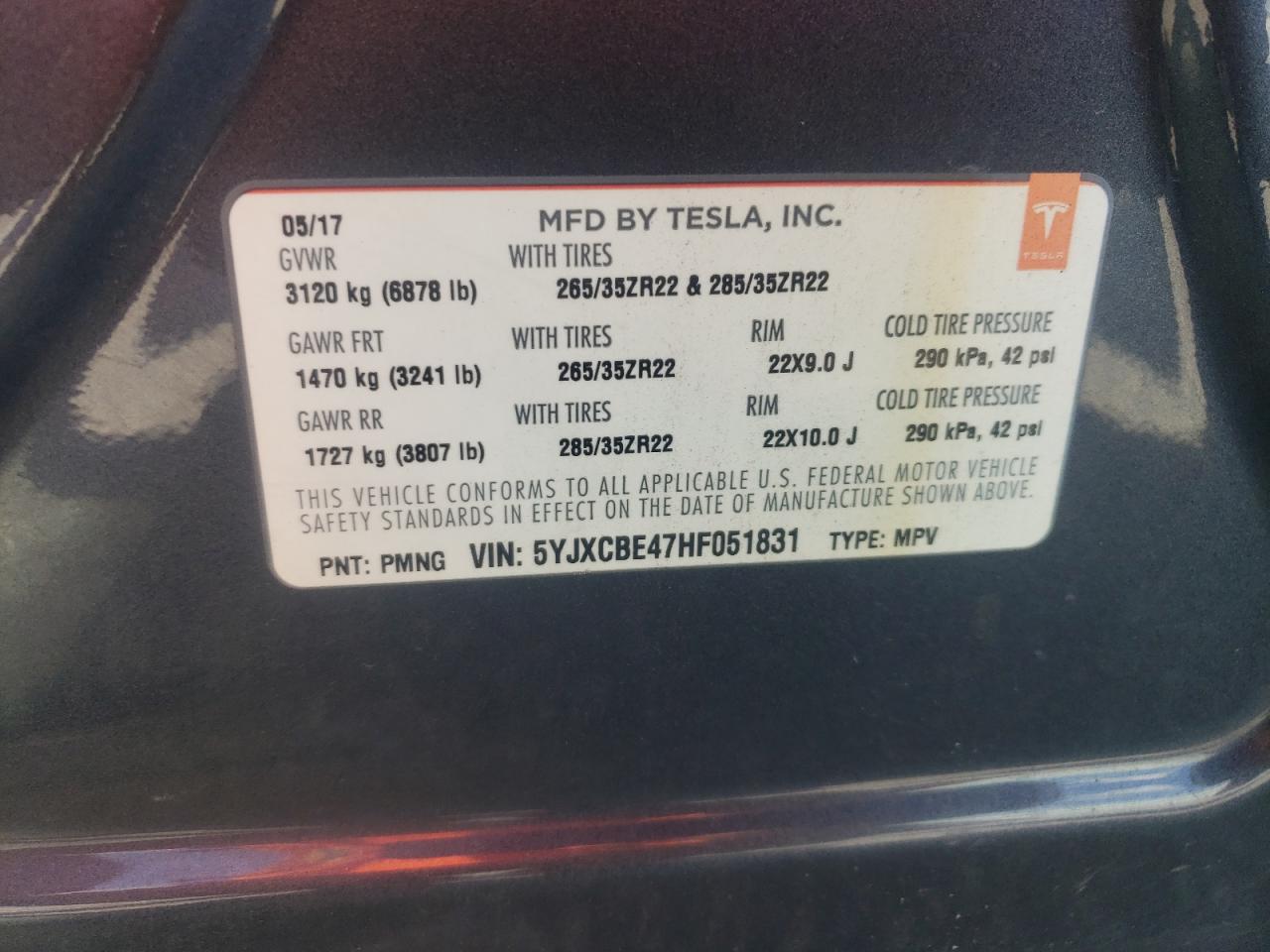2017 Tesla Model X VIN: 5YJXCBE47HF051831 Lot: 60477055