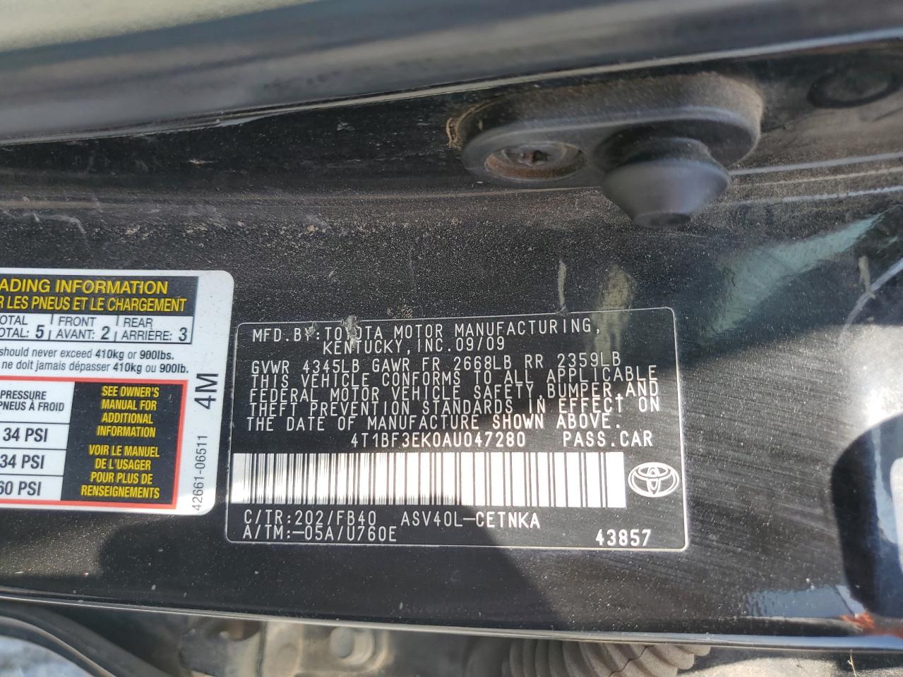 2010 Toyota Camry Base VIN: 4T1BF3EK0AU047280 Lot: 60172295