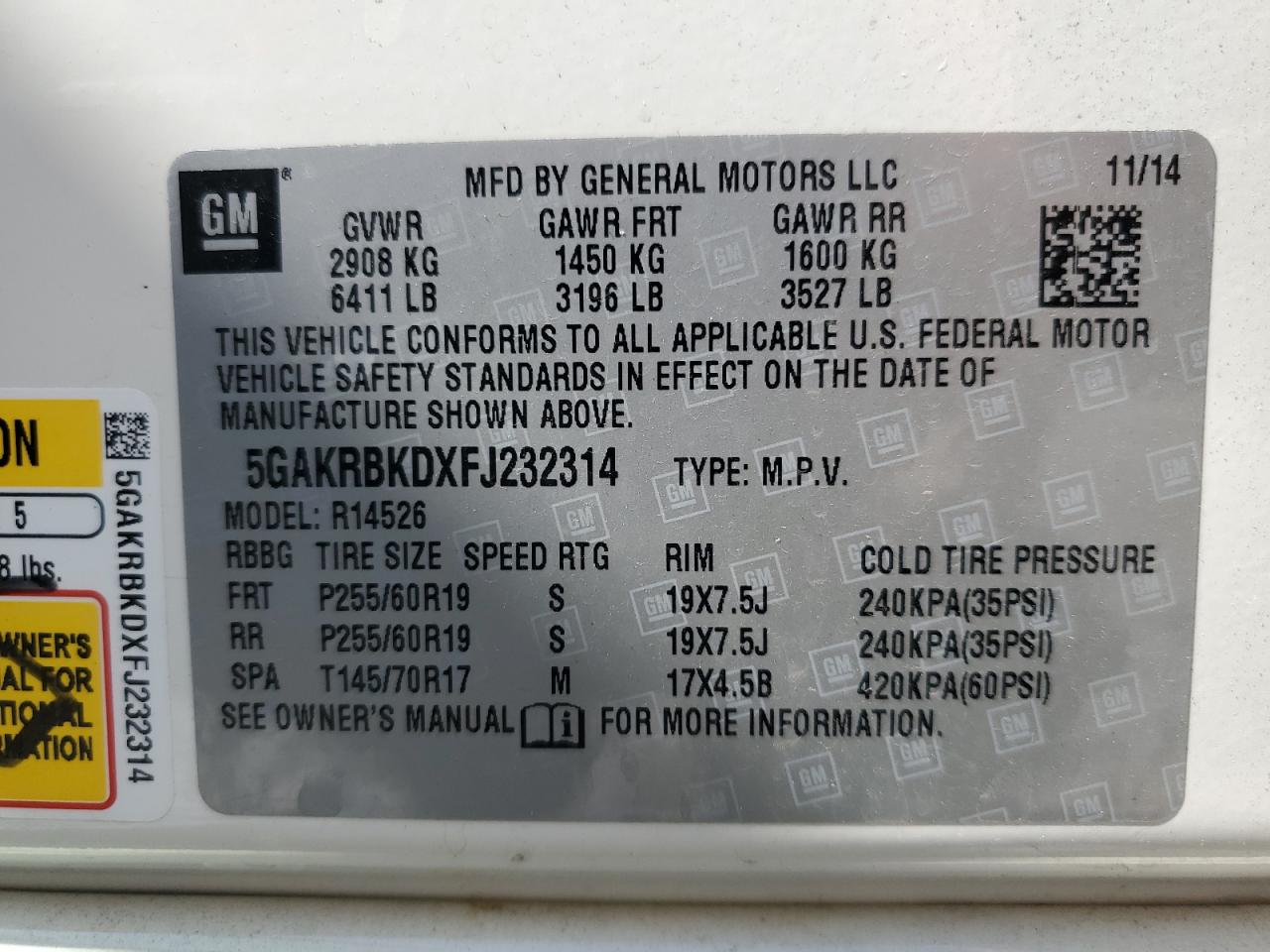 2015 Buick Enclave VIN: 5GAKRBKDXFJ232314 Lot: 62949175
