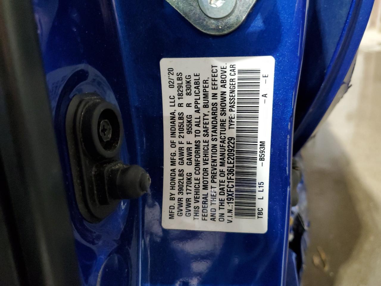 2020 Honda Civic Ex VIN: 19XFC1F36LE209229 Lot: 63014325