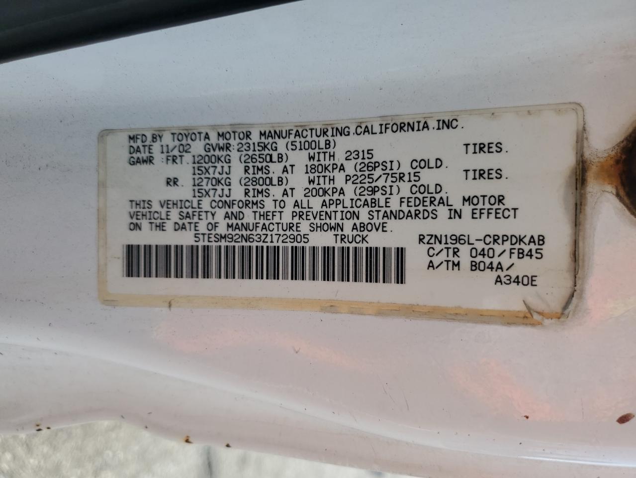 2003 Toyota Tacoma Xtracab Prerunner VIN: 5TESM92N63Z172905 Lot: 61448615