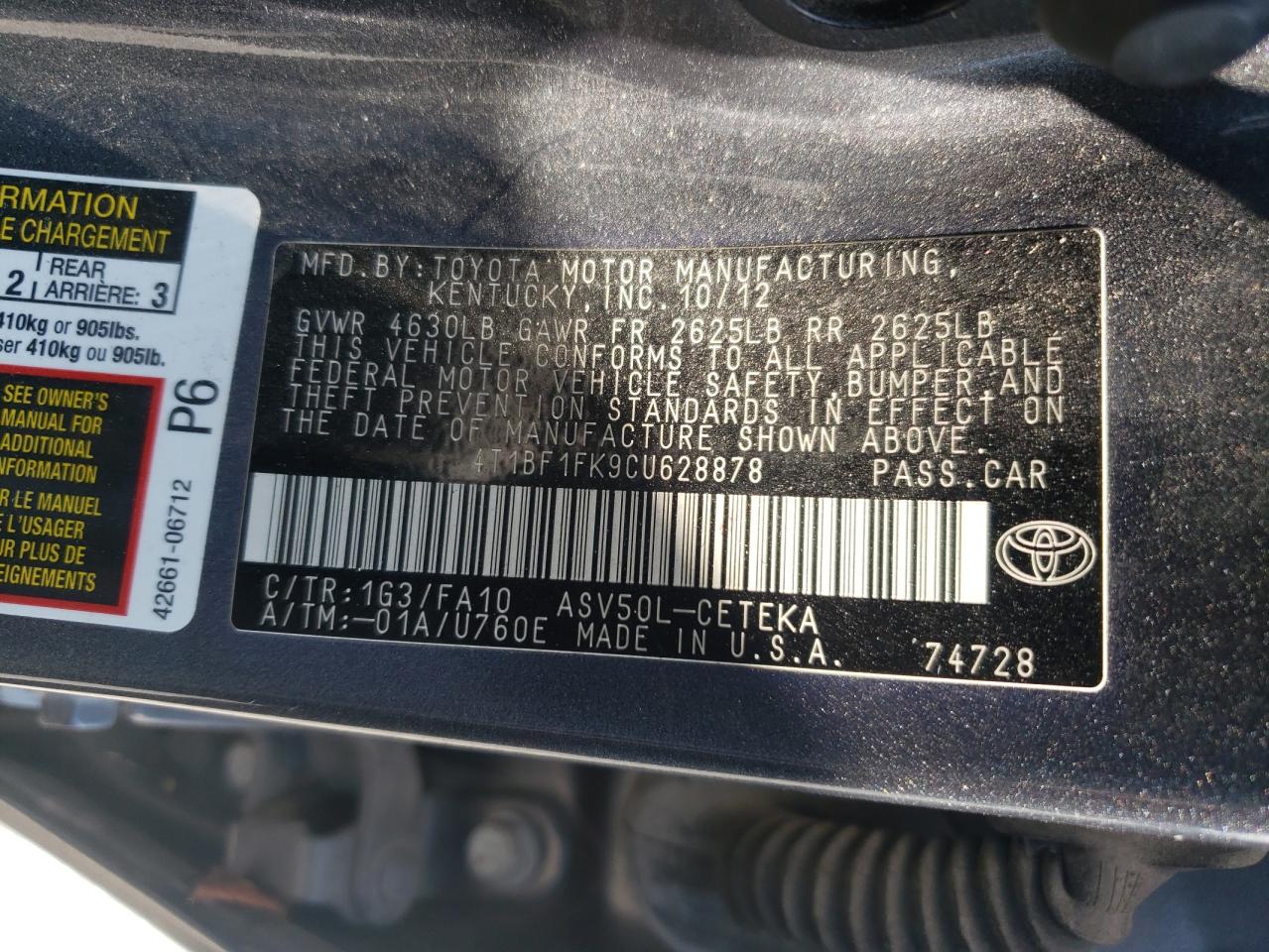 2012 Toyota Camry Base VIN: 4T1BF1FK9CU628878 Lot: 62640555