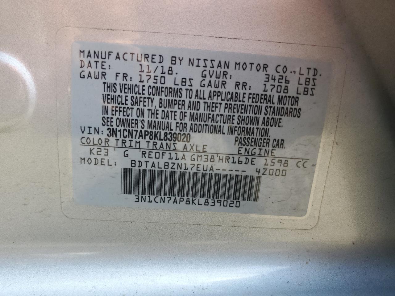 2019 Nissan Versa S VIN: 3N1CN7AP8KL839020 Lot: 59913875