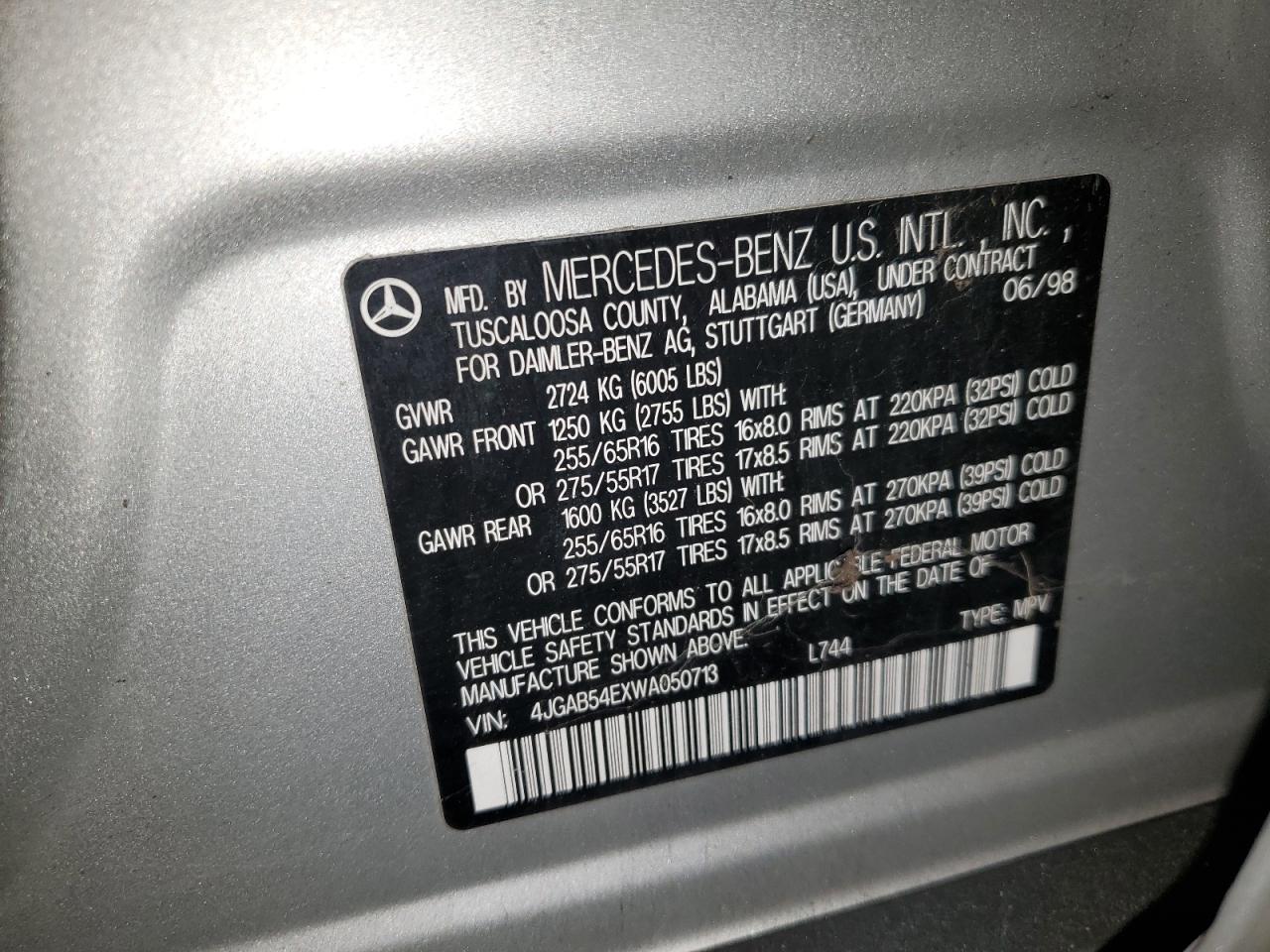 1998 Mercedes-Benz Ml 320 VIN: 4JGAB54EXWA050713 Lot: 62319435